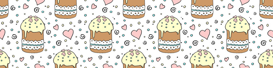 Vector seamless pattern with Easter cake, sweet bread or muffin. Colorful spring background and texture with traditional food in cartoon doodle flat style