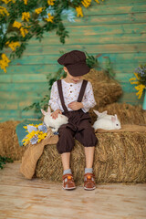 A child strokes white rabbits against a floral blue wall. A boy in a brown cap and overalls with fluffy animals sits on the hay. Easter concept. Happy childhood.