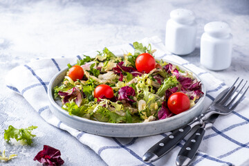 Mix of fresh green leaves and tomatoes on a plate. Healthy food eating and diet concept