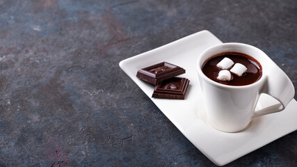 Hot chocolate cup with marshmallows. Space for text