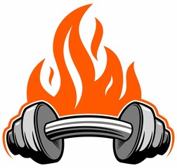 Vector heavy dumbbell with the fire flame on background. Gym, sports logo design element, isolated on white background.