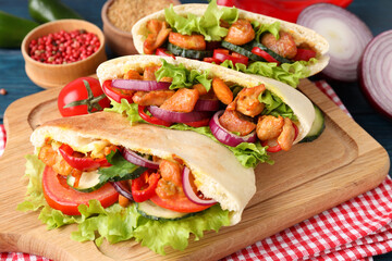 Concept of tasty food with pitas with chicken meat