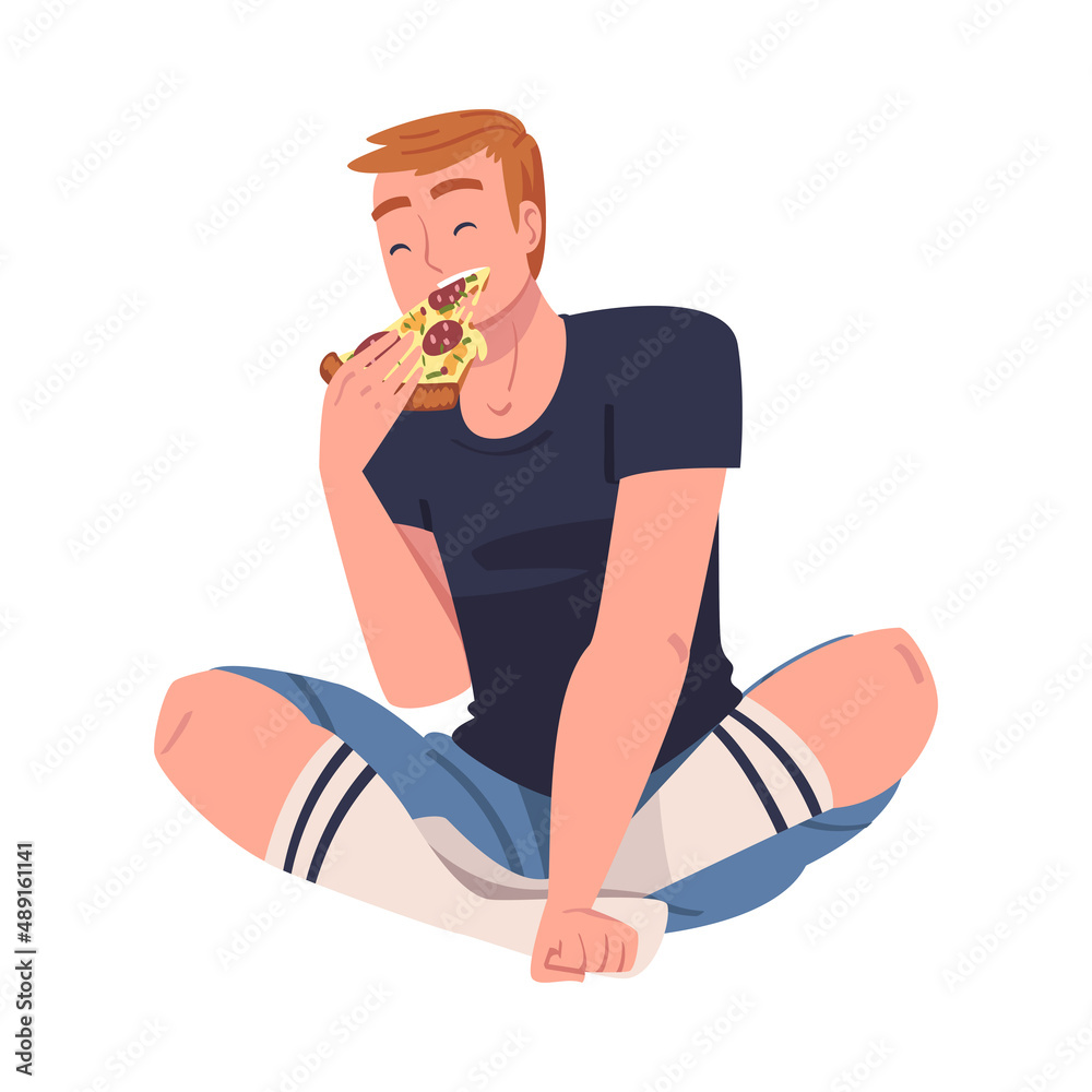 Sticker Man Character Eating Food at Home Sitting on the Floor with Slice of Pizza Vector Illustration