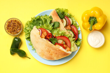 Concept of tasty food with pitas with chicken meat