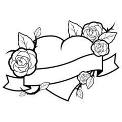 Blank banner with heart and roses. Vector black and white coloring page 