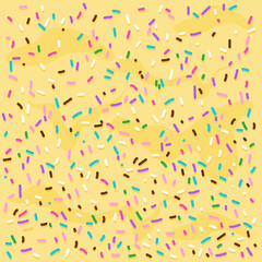Yellow frosting background with colorful sprinkles. Vector illustration