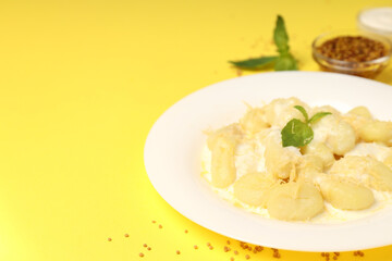 Concept of tasty food with gnocchi, space for text