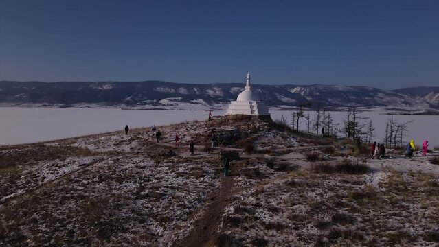 buddhist stupa on the island of ogoy on the small sea on lake baikal