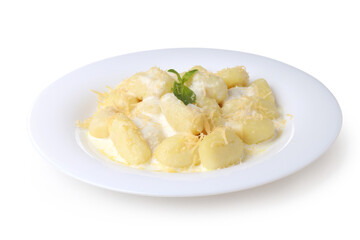 Plate with gnocchi isolated on white background