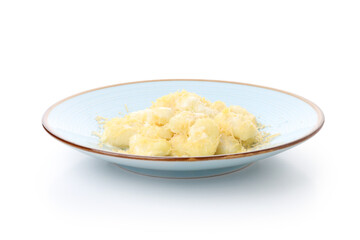 Plate with gnocchi isolated on white background