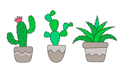 Vector Cacti. Cute Cactus in pot. Collection of decorative elements in flat cartoon doodle style. Set of Green House Plants in Pots for interior home or office. Hand drawn illustration. Isolated.