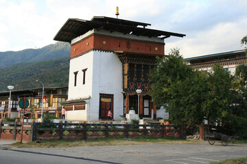 building (bell tower) in paro in bhutan 