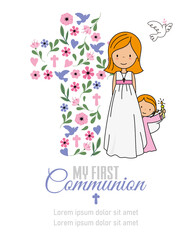 Card my first communion. Girl and angel with a cross in the background