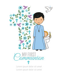 Card my first communion. Boy and angel with a cross in the background