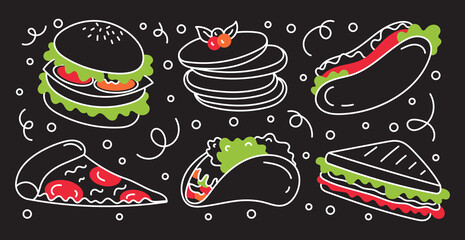 A set of fast food doodle elements.Junk food.Burger,hot dog,burrito,sandwich, pizza. Isolated on a black background.