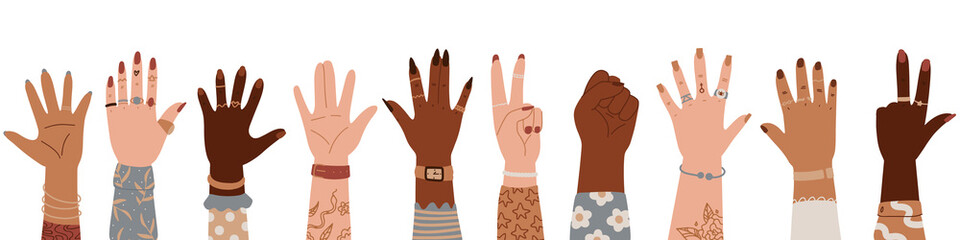 Obraz premium Women hands different nationalities. International Women's Day, 8 March greeting card, banner. Set of hands raised up. Group of diverse arms with rings, accessories, tattoo, manicure
