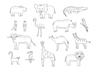 A set of drawings of cute cartoon African animals, vector illustration of a black and white outline of animals for coloring or logo.