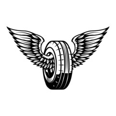 Winged wheel in monochrome style. Design element for logo, label, sign, emblem. Vector illustration