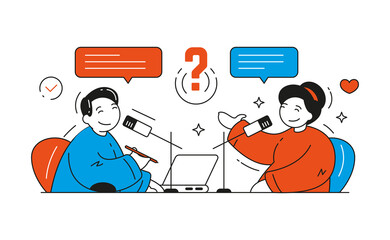 Man and woman recording audio podcast interview vector flat illustration. Radio host interviewing guest online broadcasting live streaming. Influencer communication content creating at studio mic