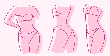 A set of illustrations of silhouettes of the female body. Figure and underwear. Doodle, line. Isolated on a pink background.