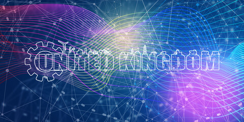 Gear with energy and power industrial icons and United Kingdom country name.