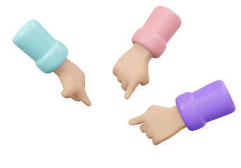 3D Rendering of hands pointing in the same target isolate on white background. 3D Render illustration cartoon style.