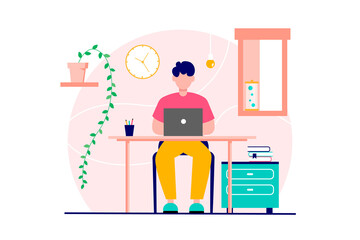 Man sitting at computer. The concept of remote work, work from home, taking courses. illustration isolated on a white background.