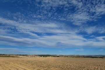 Grand ciel et champs de terre. Andalousie. Espagne.