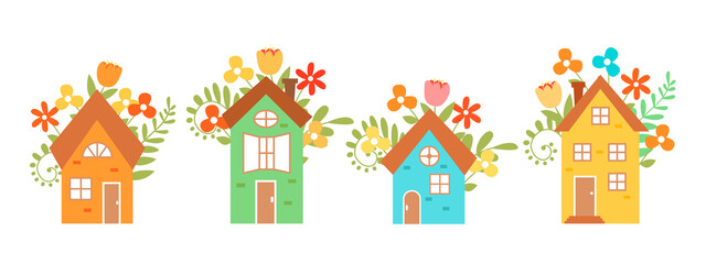 Set of cute houses isolated on white background.  Hand-drawn houses surrounded by flowers. illustration for design postcards. 