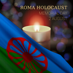 Roma Holocaust Memorial Day, August 2. Vector banner design template with a realistic Romani flag, candle, and text on dark background. - obrazy, fototapety, plakaty