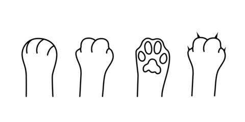 Cat paws. Paws with and without sharp claws. Cute kitten scratches. Home pet. Black outline. Set of vector line icons isolated on white background