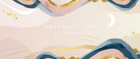Elegant abstract mountain background. Watercolor wallpaper with gold wavy lines, hill, moon and blue color. Luxury in rose gold tone design for banner, covers, wall art, home decor and invitation.