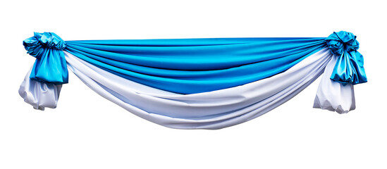 Blue and white drapery curtain for interior performance event on theatrical stage isolated on white...