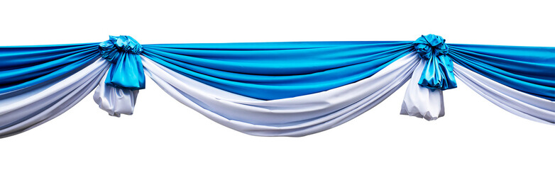 Blue and white drapery curtain for interior performance event on theatrical stage isolated on white...