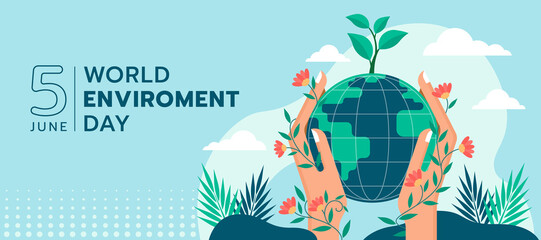 world environment day - hands wrapped in flower vines and holding plant on circle globle world vector design
