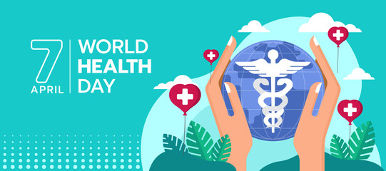 world health day - hands holding Caduceus Healthcare Medical Symbol on circle globle world and red heart balloons vector design