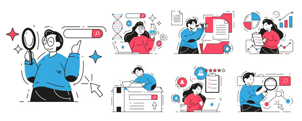 Collection people making science research, browsing information, searching data use internet vector flat illustration. Set of modern man and woman analyzing efficiency, chemical experiments, HR