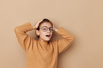 pretty young girl with glasses emotions gesture hands isolated background