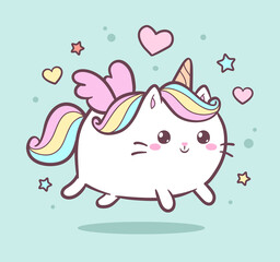 Cute Kawaii Cat unicorn or Kitten Caticorn - isolated vector. Baby Cat Unicorn cream pastel colors for kids design prints, posters, t-shirts, stickers, postcard. Funny Cartoon Cat with unicorn horn