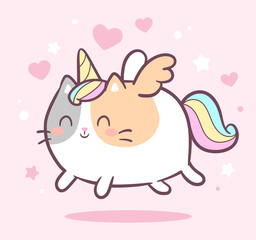 Cute Kawaii Cat unicorn or Kitten Caticorn - isolated vector. Baby Cat Unicorn cream pastel colors for kids design prints, posters, t-shirts, stickers, postcard. Funny Cartoon Cat with wings and horn