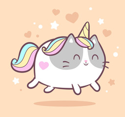 Cute Kawaii Cat unicorn or Kitten Caticorn - isolated vector. Baby Cat Unicorn cream pastel colors for kids design prints, posters, t-shirts, stickers, postcard. Funny Cartoon Cat with unicorn horn