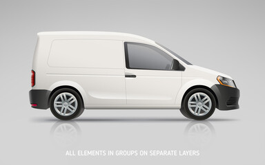 Realistic Van mockup for branding and corporate identity company. Vector mock-up of side view Company Van. Corporate transport