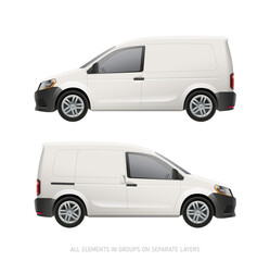 Fototapeta na wymiar Realistic Freight Car Van mockup on white background. Vector side view Corporate Car or Van for branding design and corporate identity company. Corporate transport mock-up