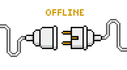 Pixel Art Electric Plug and Outlet Socket unplugged. Vector electric socket unplug or 404 error concept, lost connection, page not found. Pixel graphics design on white background - obrazy, fototapety, plakaty