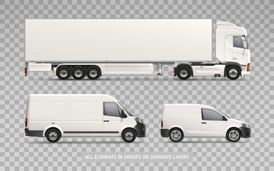 Realistic Truck Trailer, Cargo Van, Delivery Car - Vector Blank Mockup set on transparent background. Transport empty mockups cars layout for Branding and Corporate identity - obrazy, fototapety, plakaty