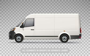 Realistic Delivery Van mockup on transparent layer for branding design and corporate identity company. Vector side view Company Freight Van. Corporate transport