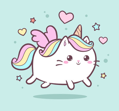 Cute Kawaii Cat unicorn or Kitten Caticorn - isolated vector. Baby Cat Unicorn cream pastel colors for kids design prints, posters, t-shirts, stickers, postcard. Funny Cartoon Cat with unicorn horn