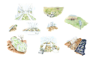 Innovative technologies for agriculture. Modern farm, spring planting . A set of watercolor illustrations of a smart farm with drone control. Agricultural elements isolated on white.