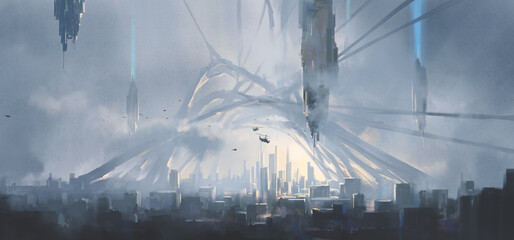 Panorama of a city colonized by aliens