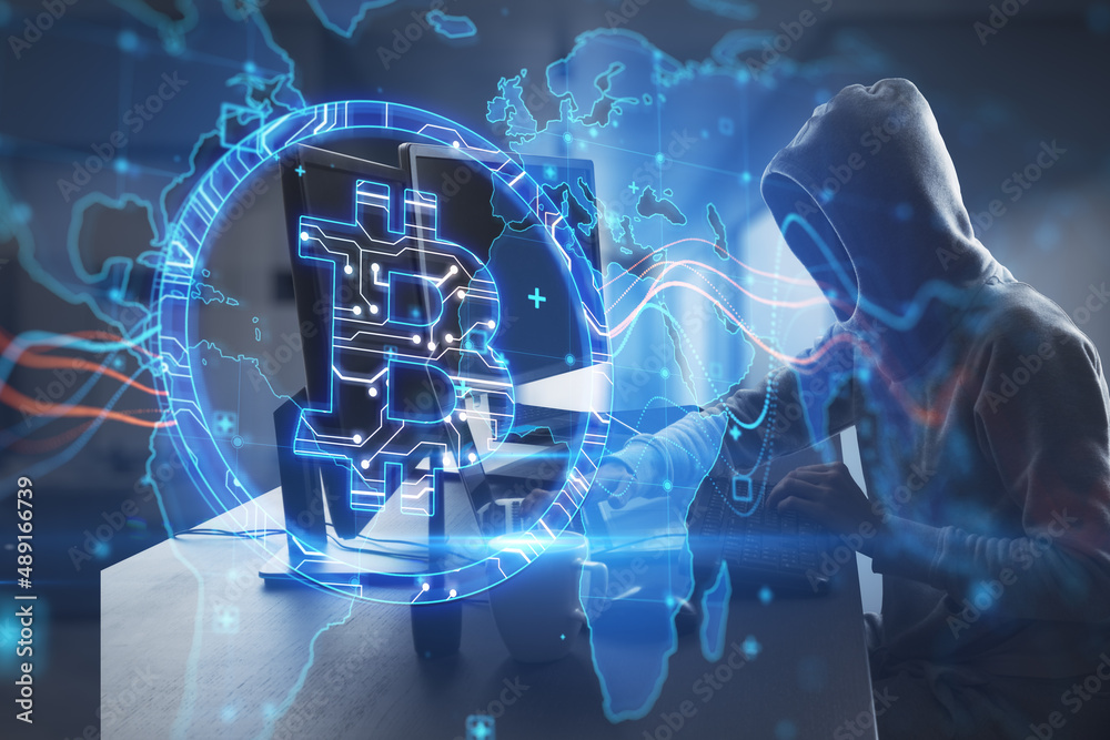Aufkleber Side view of hacker at desktop using laptop with creative glowing global bitcoin hologram on blurry office interior background. Hacking, blockchain and crypto concept. Double exposure.